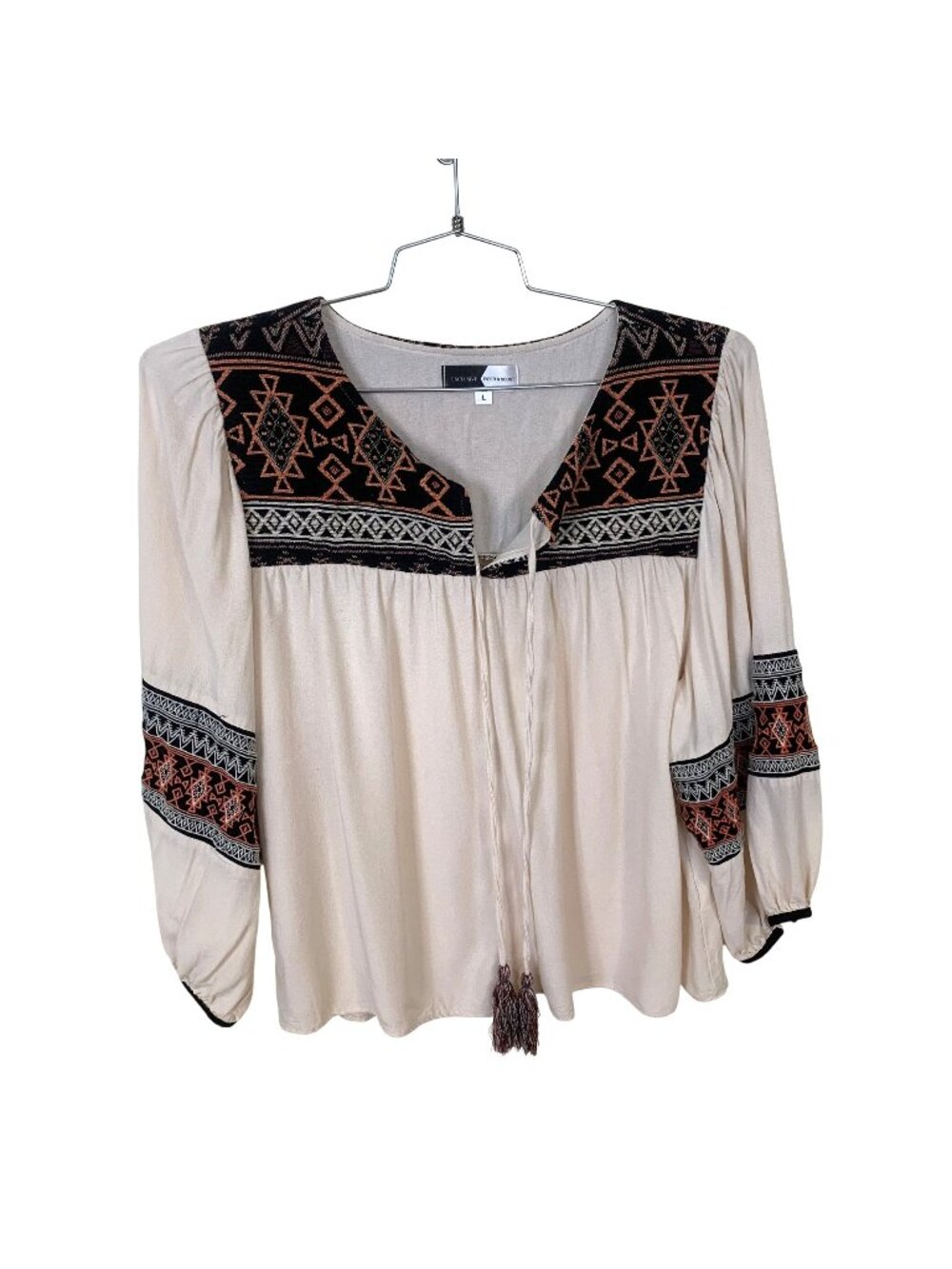 Piper & Scoot Beige Boho Blouse Womens Embroidered Long Sleeve Tassels Large